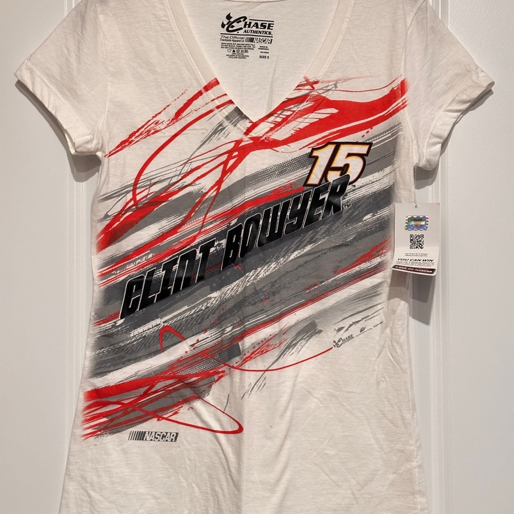 Chase Authentics White Red Gray '15 Clint Bowyer' V-Neck Tee